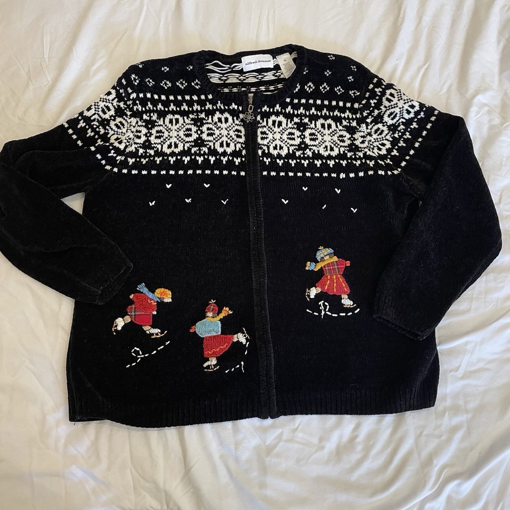 Alfred Dunner Woman XL Zip Cardigan‎ Sweater Ice Skaters Christmas fair isle